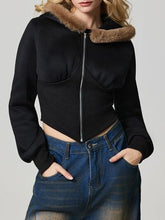 Load image into Gallery viewer, Black Fuzzy Hem Hooded Zip-Up Jacket With Long Sleeves and Casual Style Jacket
