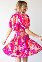 Load image into Gallery viewer, Floral Short Sleeve Smocked Mini Dress – Floral Mini Dress, Smocked Dress, Short Sleeve Floral Dress, Ruched Waist Dress, Summer Mini Dress, Romantic Floral Dress, Chic Floral Dress
