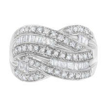 Load image into Gallery viewer, .925 Sterling Silver 1.0 Cttw Channel Set Alternating Round and Baguette Diamond Cross-over Bypass Ring Band (I-J Color, I2-I3 Clarity) - Size 7

