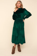 Load image into Gallery viewer, Mock Neck Smocked Waist Velvet Tiered Dress – Elegant Velvet Dress, Tiered Babydoll Dress, Smocked Waist Dress, Velvet Party Dress, Long Sleeve Dress
