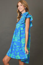 Load image into Gallery viewer, Blue Full Size Two-Tone Floral Print Ruffle Cap Sleeve Mini Dress Plus Size Elegant Dress
