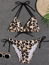 Load image into Gallery viewer, Sunset Bloom 2-Piece Triangle Bikini Set for Women – Vibrant Random Floral Print Halter Neck Swimsuit with Tie-Back Tie-Side Bottoms &amp; High Cut Legs – Women's High-Stretch Swimwear for Summer Beach Escapes
