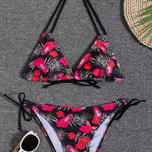 Load image into Gallery viewer, Sunset Bloom 2-Piece Triangle Bikini Set for Women – Vibrant Random Floral Print Halter Neck Swimsuit with Tie-Back Tie-Side Bottoms &amp; High Cut Legs – Women's High-Stretch Swimwear for Summer Beach Escapes
