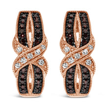 Load image into Gallery viewer, 10K Rose Gold 1/3 Cttw White and Brown Diamond Milgrain Criss Cross J-Hoop Earrings (I-J Color, I1-I2 Clarity)
