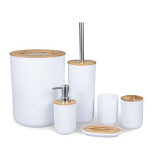 Load image into Gallery viewer, Bamboo Bathroom Accessories Set Plastic Bathroom Kit Soap Dispenser Toothbrush Cup Soap Dish Toilet Brush Holder Trash Can Bathroom Accessories Toothbrush Holder Toothbrush Cup Soap Dispenser Soap Dish Toilet Brush Holder Trash Can For Home Apartment
