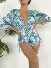 Load image into Gallery viewer, Island Bloom 3-Piece Bikini Set for Women – Tropical Leaf Print Fluttering Swimwear with Flattering Halter Neck Top High Waist Bottoms &amp; Adjustable Drawstring Cover Up – Perfect for Koningsdag Celebrations &amp; Summer Adventures
