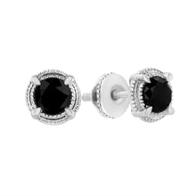 Load image into Gallery viewer, Black Rhodium Plated .925 Sterling Silver Round 1-1/2 cttw Diamond Double Halo 4-Prong Solitaire Milgrain Stud Earrings (H-I Color, I2-I3 Clarity)
