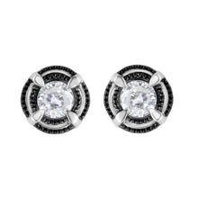 Load image into Gallery viewer, Black Rhodium Plated .925 Sterling Silver Round 1-1/2 cttw Diamond Double Halo 4-Prong Solitaire Milgrain Stud Earrings (H-I Color, I2-I3 Clarity)
