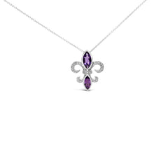Load image into Gallery viewer, .925 Sterling Silver Purple Amethyst Marquise and Diamond Accent Fleur De Lis Pendant Necklace (H-I Color, SI1-SI2 Clarity) - Size 18"
