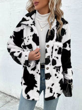 Load image into Gallery viewer, Trendy Black White Cozy Cow Print Collared Neck Button Up Fuzzy Jacket Modern &amp; Warm Outerwear
