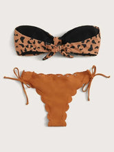 Load image into Gallery viewer, Beach Bikini Woman Lace Up Tie Strapless Leopard Swimsuit  Women's Halter Bikini V Cut Bottom Lace Up Two Piece Swimsuits Female Push Up Ruffled Bow Bathing Suit Thong Swimwear

