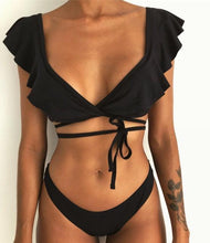Load image into Gallery viewer, Beach Bikini Woman Lace Up Tie Strapless Leopard Swimsuit  Women's Halter Bikini V Cut Bottom Lace Up Two Piece Swimsuits Female Push Up Ruffled Bow Bathing Suit Thong Swimwear
