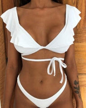 Load image into Gallery viewer, Beach Bikini Woman Lace Up Tie Strapless Leopard Swimsuit  Women's Halter Bikini V Cut Bottom Lace Up Two Piece Swimsuits Female Push Up Ruffled Bow Bathing Suit Thong Swimwear
