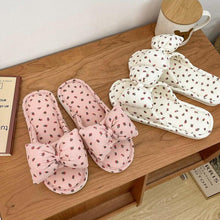 Load image into Gallery viewer, Beautiful Bow Flat Lightweight Soft Spring Autumn Women Cotton Shoes Indoor Fluffy Warm Home Comfortable High Quality Slippers Memory Foam Open Toe Slide Slippers Ribbon Strap  Slip-On House Shoes
