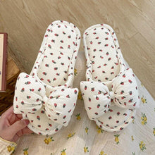 Load image into Gallery viewer, Beautiful Bow Flat Lightweight Soft Spring Autumn Women Cotton Shoes Indoor Fluffy Warm Home Comfortable High Quality Slippers Memory Foam Open Toe Slide Slippers Ribbon Strap  Slip-On House Shoes
