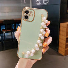 Load image into Gallery viewer, Beautiful White Pearl Chain Gold Color Plating Straight Edge Phone Case for iPhone 13 11 12 Pro Max Case for iPhone X XS MAX XR 7 8 Plus Phone Case Plating Pearl Chain Wrist Bracelet Cover
