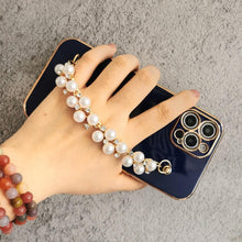 Load image into Gallery viewer, Beautiful White Pearl Chain Gold Color Plating Straight Edge Phone Case for iPhone 13 11 12 Pro Max Case for iPhone X XS MAX XR 7 8 Plus Phone Case Plating Pearl Chain Wrist Bracelet Cover
