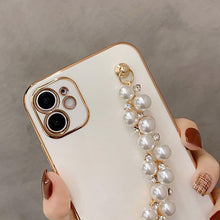 Load image into Gallery viewer, Beautiful White Pearl Chain Gold Color Plating Straight Edge Phone Case for iPhone 13 11 12 Pro Max Case for iPhone X XS MAX XR 7 8 Plus Phone Case Plating Pearl Chain Wrist Bracelet Cover

