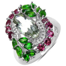 Load image into Gallery viewer, 3.64 Carat Genuine Green Amethyst, Chrome Diopside and Rhodolite .925 Sterling Silver Ring
