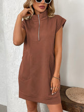 Load image into Gallery viewer, Retro Brown Half-Zip Cap Sleeve Mini Dress Classic &amp; Vintage Design Dress For Girls
