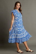 Load image into Gallery viewer, Blue Full Size Two-Tone Print Ruffle Cap Sleeve Midi Dress Plus Size Statement Piece Dress

