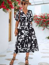 Load image into Gallery viewer, Black White Printed Balloon Sleeve Dress Elegant &amp; Chic Casual Wear For Summer
