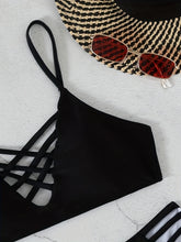 Load image into Gallery viewer, Noir Allure Criss Cross Bikini Set for Women – Chic Elegant Hollow Out Design with High Waist Buckle Detail Adjustable Spaghetti Straps &amp; Medium Stretch Nylon – 2-Piece Women's Swimwear for Summer Beach Days &amp; Poolside Glam
