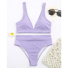 Load image into Gallery viewer, Bikini High Waist Swimwear Women's Swimsuits Push Up Ribbed Bathing Suits Black V-Neck Bikinis Set  High Waist Tummy Control Bathing Suits For Women Deep V Neck Black Comfortable Beachwear
