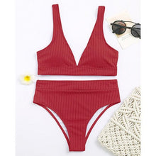 Load image into Gallery viewer, Bikini High Waist Swimwear Women's Swimsuits Push Up Ribbed Bathing Suits Black V-Neck Bikinis Set  High Waist Tummy Control Bathing Suits For Women Deep V Neck Black Comfortable Beachwear
