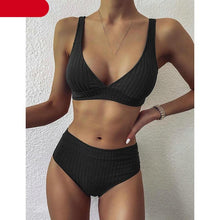Load image into Gallery viewer, Bikini High Waist Swimwear Women's Swimsuits Push Up Ribbed Bathing Suits Black V-Neck Bikinis Set  High Waist Tummy Control Bathing Suits For Women Deep V Neck Black Comfortable Beachwear

