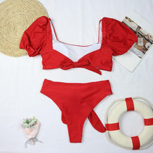 Load image into Gallery viewer, Bikini New 2 Piece Women Swimsuit Women's High Waist Bikini Set Fashion Puff Sleeve Swimwear Set Bathing Suits Solid Color Short Puff Sleeve Summer High Waist Cut Backless Bathing Suit Beachwear
