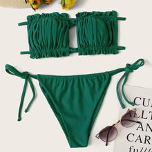 Load image into Gallery viewer, Bikini  Pleated Swimsuit Female Swimwear Women's  Ruffle Tie Side Bikini Set High Cut Strapless Padded Solid Bathing Suit Women Mini Thong Bikini Set Bather Swimming Beachwear For Bathing Suit
