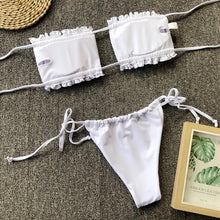 Load image into Gallery viewer, Bikini  Pleated Swimsuit Female Swimwear Women's  Ruffle Tie Side Bikini Set High Cut Strapless Padded Solid Bathing Suit Women Mini Thong Bikini Set Bather Swimming Beachwear For Bathing Suit
