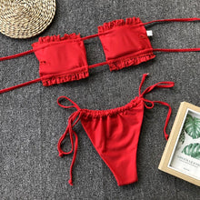Load image into Gallery viewer, Bikini  Pleated Swimsuit Female Swimwear Women's  Ruffle Tie Side Bikini Set High Cut Strapless Padded Solid Bathing Suit Women Mini Thong Bikini Set Bather Swimming Beachwear For Bathing Suit

