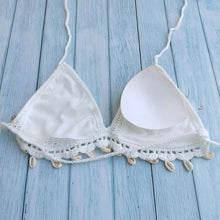 Load image into Gallery viewer, Bikini Set Woman Crochet Shell Tassel Bikini Top And Seashell Beach Skirt Lace See Through Bikini Women Beach Summer 2 Piece Outfits Crochet Mesh Bikini Top and Skirt Set

