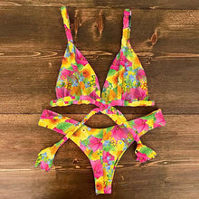 Load image into Gallery viewer, Bikini Set Women Swimwear Push Up Swimsuit Top Solid Bottom Print Bathing Suit Swim Wear Beach Women’s Floral Print Push-Up V-Wire Lettuce Bikini Set High Cut Spaghetti Straps Underwire Padded Swimsuit
