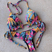 Load image into Gallery viewer, Bikini Set Women Swimwear Push Up Swimsuit Top Solid Bottom Print Bathing Suit Swim Wear Beach Women’s Floral Print Push-Up V-Wire Lettuce Bikini Set High Cut Spaghetti Straps Underwire Padded Swimsuit

