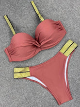 Load image into Gallery viewer, Bikini Sets Solid Color Swimsuit  Mid-Waist  Gather Cup Bikinis Women Swimwear Female Bathing Suits Beach wear  Two Piece Swimsuits Triangle Bikini swimsuits for Women
