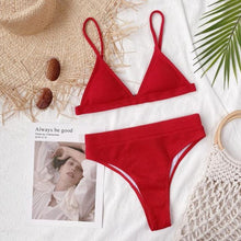 Load image into Gallery viewer, Bikini Swimwear Swimsuit Women Solid Bathing Suit Bikini Set With Pad Female High Waist Beachwear Women Bikini Swimsuits 2 Piece Deep V Neck Swimwear Adjustable Strap Back Bathing Suits
