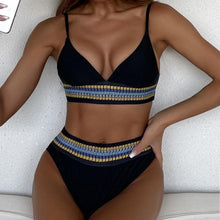Load image into Gallery viewer, Bikini Swimwear Swimsuit Women Solid Bathing Suit Bikini Set With Pad Female High Waist Beachwear Women Bikini Swimsuits 2 Piece Deep V Neck Swimwear Adjustable Strap Back Bathing Suits
