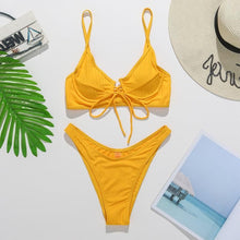 Load image into Gallery viewer, Bikini Swimwear Women Green Swimsuits Bathing Suit Beachwear Women's Ribbed Braided String Bikini Lace Up Swimsuit Square Collar High Cut Bathing Suit
