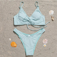 Load image into Gallery viewer, Bikini Swimwear Women Green Swimsuits Bathing Suit Beachwear Women's Ribbed Braided String Bikini Lace Up Swimsuit Square Collar High Cut Bathing Suit
