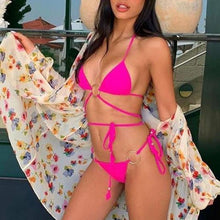 Load image into Gallery viewer, Bikini Triangle Adjust Swimwear Women's Crisscross Halter Bikini Lace Up Back Bandage Two Piece Strappy Bathing Suits G String Thong Swimwear Women Bathing Suit Hollow Out Quality Pleated Swimsuit Female Double-Sided Bikini Set
