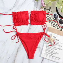 Load image into Gallery viewer, Bikini Women  Swimsuit Female Low Waist Swimwear Women Beach Mini Thong Bikini Set Bathing Suit Women Thong Swimsuits Strapless 2 Piece Bikini String Tie Ruffle Brazilian Bathing Suit
