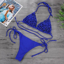 Load image into Gallery viewer, Bikinis  New 3D Flower Swimwear Solid Bikini Bandage Swimsuit Women's Solid Halter Padded Push Up Bikini Set Two Pieces Swimsuit Swimwear Bathing Suit Bikini Set Female Cute Ladies Beachwear Push Up Bikini
