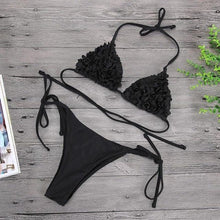 Load image into Gallery viewer, Bikinis  New 3D Flower Swimwear Solid Bikini Bandage Swimsuit Women's Solid Halter Padded Push Up Bikini Set Two Pieces Swimsuit Swimwear Bathing Suit Bikini Set Female Cute Ladies Beachwear Push Up Bikini

