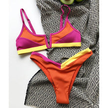 Load image into Gallery viewer, Bikinis Ribbed Swimwear Women's Swimsuit Push Up Bathing Suit Solid Patchwork High Cut Bikini Set Women Padded Push up Bikini Set Halter Two Piece Cross Top Swimsuit Patchwork Bathing Suit
