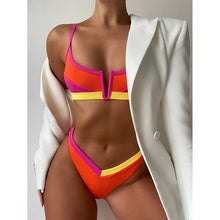 Load image into Gallery viewer, Bikinis Ribbed Swimwear Women's Swimsuit Push Up Bathing Suit Solid Patchwork High Cut Bikini Set Women Padded Push up Bikini Set Halter Two Piece Cross Top Swimsuit Patchwork Bathing Suit
