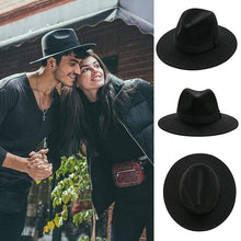 Load image into Gallery viewer, Black Fedora Hat Unisex Wide Brim Hat Autumn Winter Fedora Hat Wide Cap Winter Wool Classic Hat Men Elegant Gentleman Hat For Party
