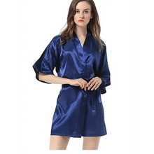 Load image into Gallery viewer, Black Lightweight Elegant Faux Silk Bathrobes For Women V Neck Design  Bridesmaid Bathrobe Wedding  Short Women Bathrobes
